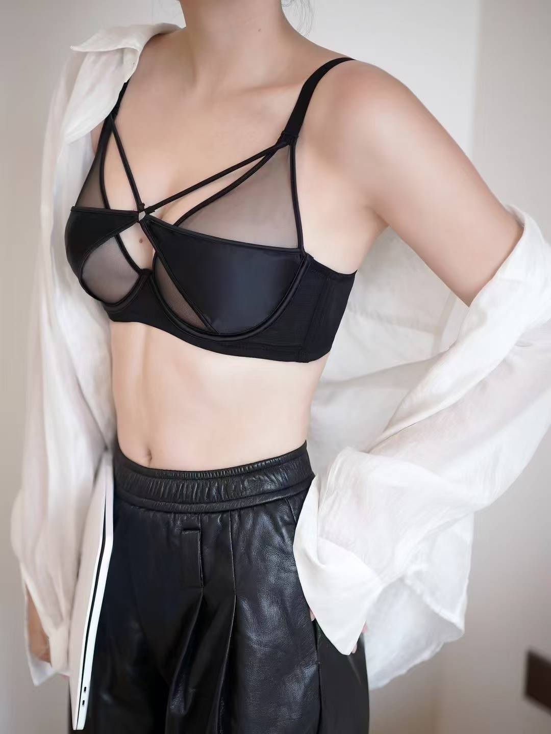 Sheer Mesh Lace-Trim Lightly Lined Bra