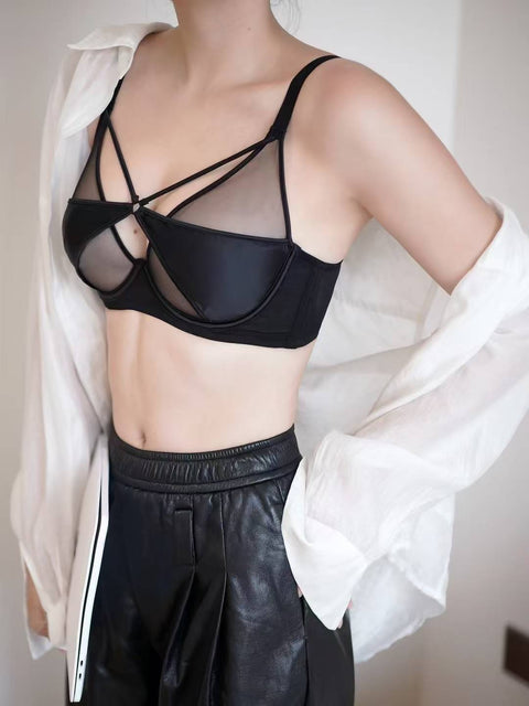 Sheer Mesh Lace-Trim Lightly Lined Bra