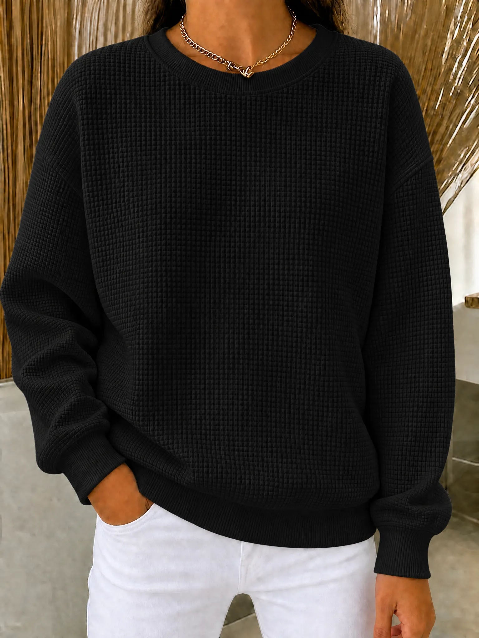 CLEARANCE SALE🔥Women's Waffle Knit Crewneck Sweatshirt